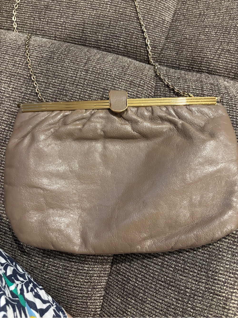 Vintage Taupe Leather Clutch with Gold Frame Chain